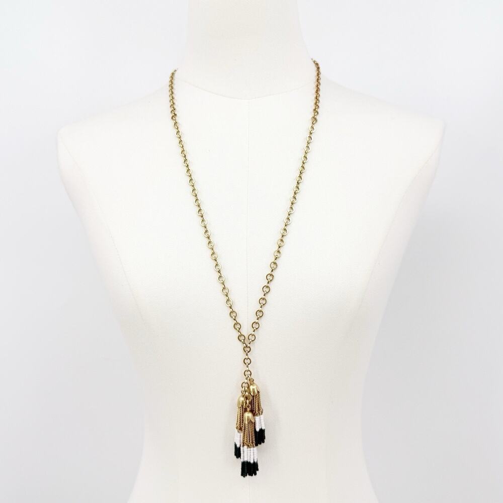 J. Crew Gold Tassel Necklace Beaded Pendant Long‎ Chain Boho Statement Coastal
